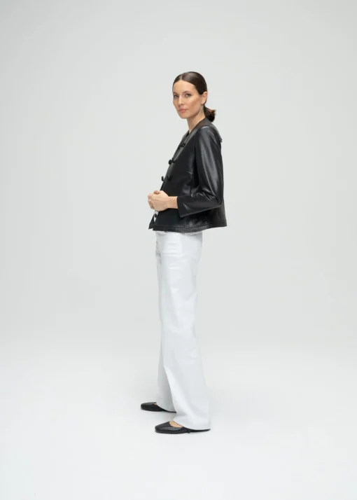 Veste tailleur à frange en cuir noir