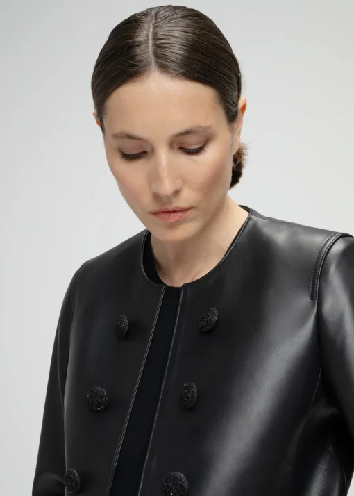 Veste tailleur à frange en cuir noir